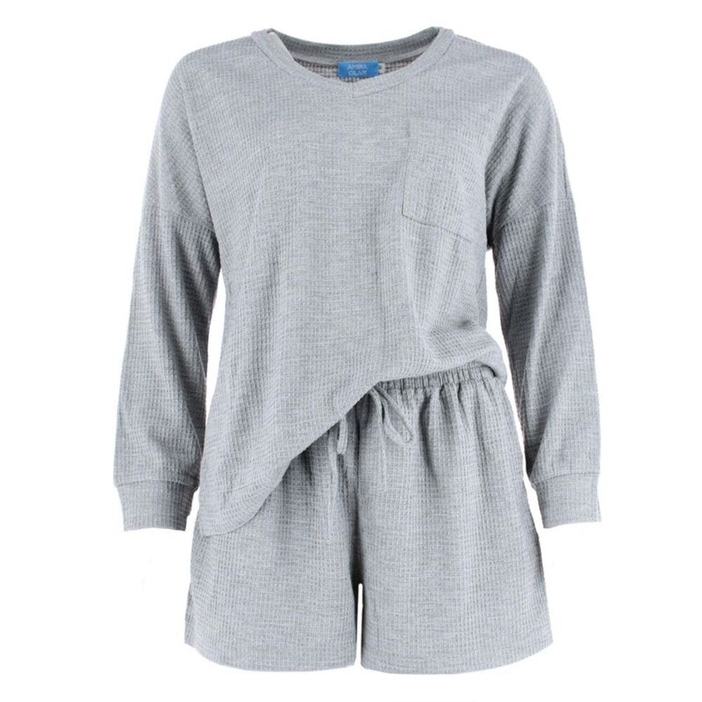 CTM Women's Waffle Knit V Neck Pajama Set
